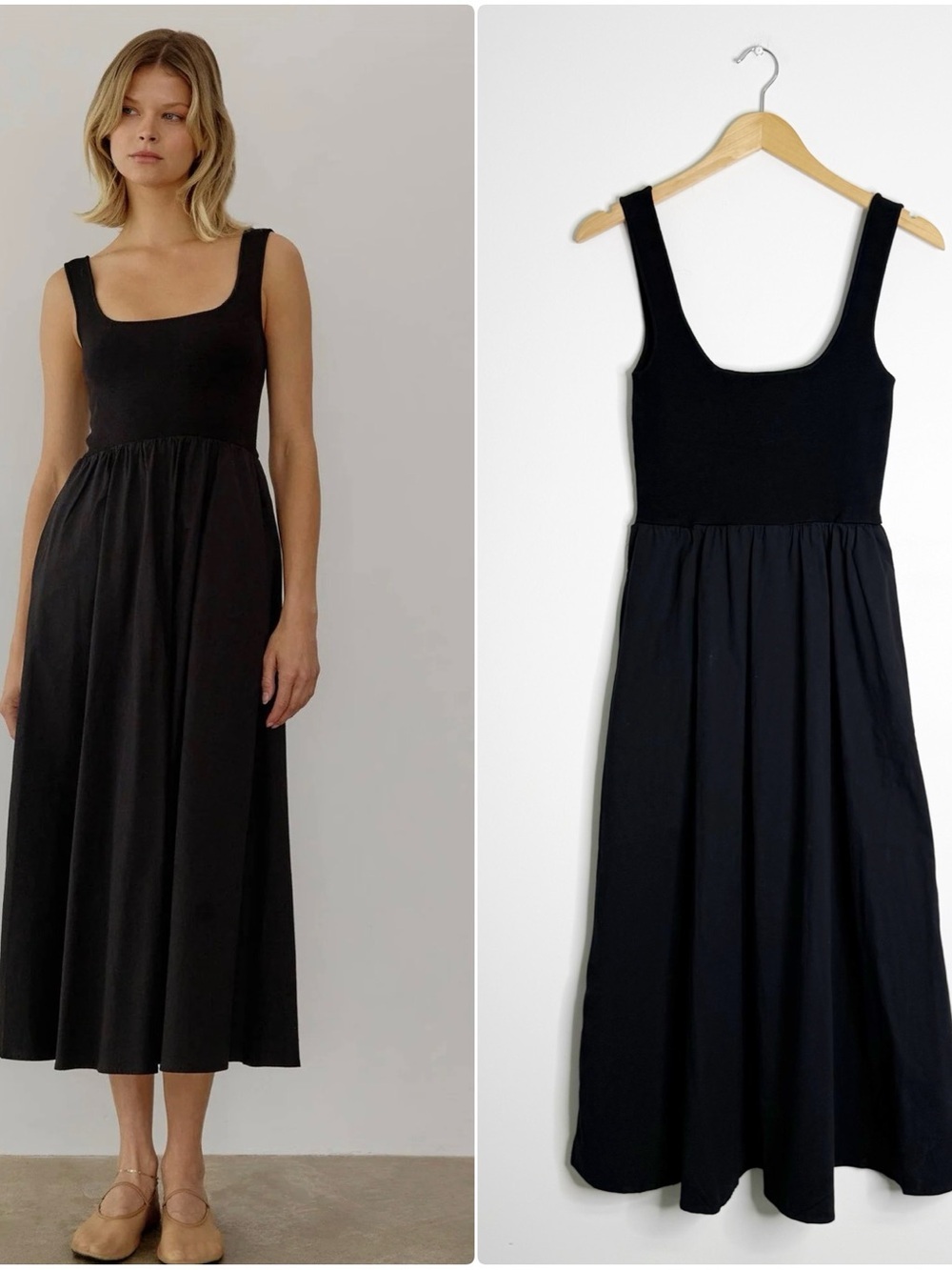 All:Row Lucinda Midi Dress Black Sleeveless Square Neck Size Small
